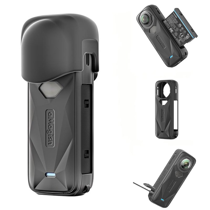 Силиконов защитен калъф за камера Insta360 X5, с капачка за обектив, пълна защита, дизайн с бързо освобождаване, включена капачка за обектив, съвместим с филтри и аксесоари, аксесоари за екшън камера, черен