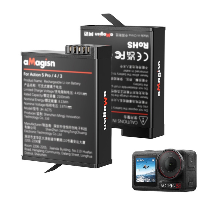 Baterie aMagisn Enduro pentru Osmo Action 5 Pro/4/3, 2100mAh (Nominala 1800mAh), baterie pentru temperaturi scazute cu incarcare rapida si protectie multipla, accesorii camera de actiune