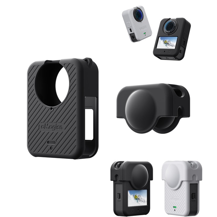 Carcasa de protectie din silicon aMagisn pentru DJI OSMO 360, acoperire completa, compatibila cu protectie obiectiv, cu snur, accesorii camera de actiune, negru