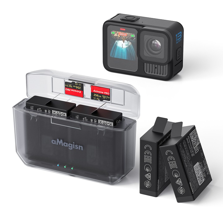 Cutie de Incarcare aMagisn pentru GoPro Hero 13, Incarcator de Baterie Portabil & Cutie de Depozitare cu Slot pentru Card Micro SD, Capac Magnetic, Protectie Multipla & Indicator Luminos, Accesorii pentru Camera de Actiune