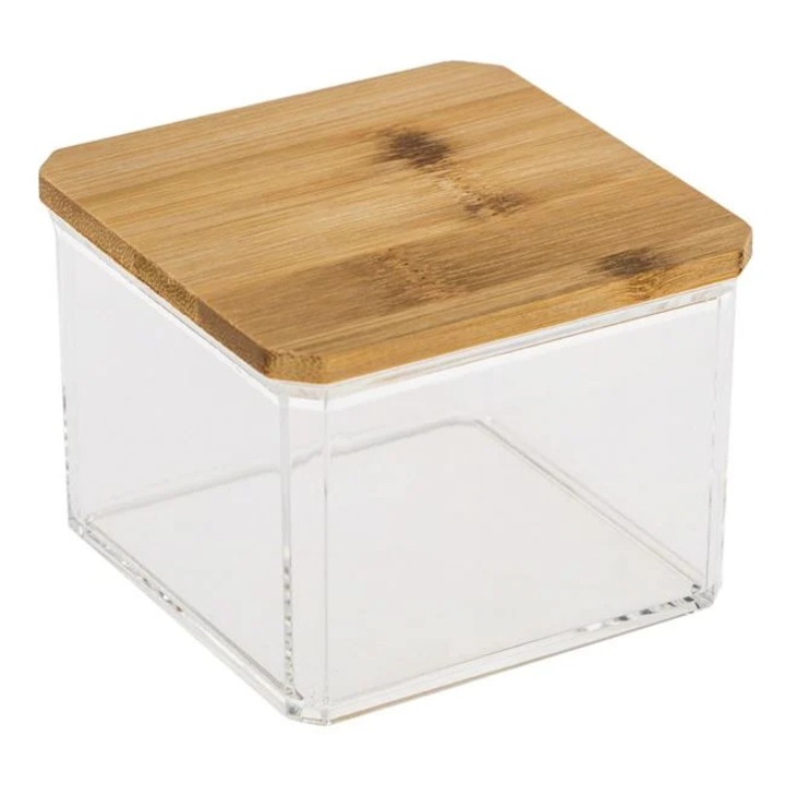 Cutie organizare din acril transparent cu capac din bambus, suport patrat pentru dischete demachiante, bijuterii si accesorii, organizator baie, 10x10x7. 5 cm