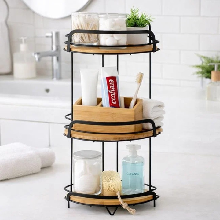Etajera de Colt cu 3 Niveluri cu Suprafete din Bambus pentru Baie 27x20x63cm
