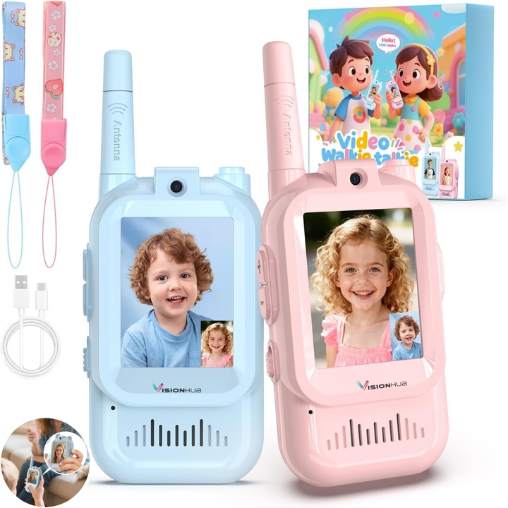 VisionHub 2 db-os walkie-talkie szett videóval, 480P HD, 300 m hatótávolság, rózsaszín+kék, 12,5x5x2 cm