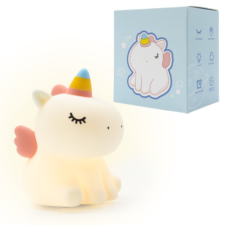 Детска нощна лампа, Лука, еднорог, силикон, бяла, 3 режима на осветление, таймер 30 минути