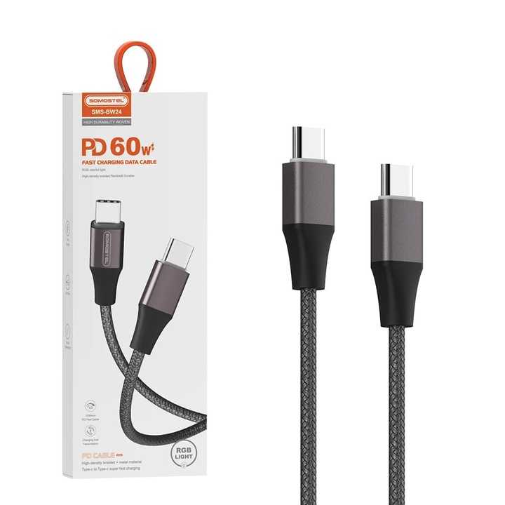 Cablu de date Somostel, Tip-C - Tip-C, 60W, 1.2m, negru, design iluminat