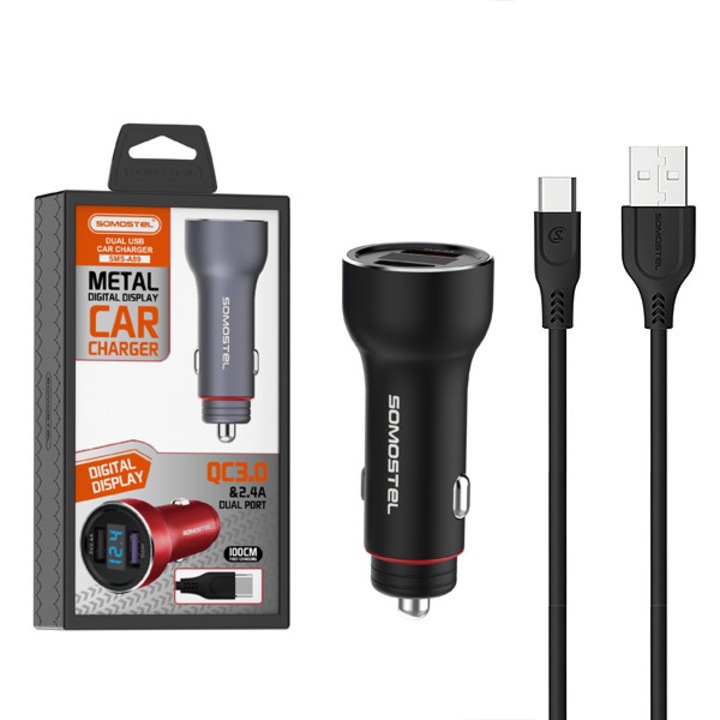 Incarcator auto Luka Quick Charger 3.0, 2xUSB, 5V2.4A, negru, pentru doua telefoane