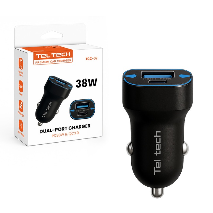 Incarcator auto TELTECH USB/TYP-C 38W, doua canale, negru