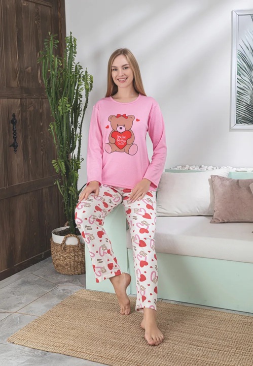 Pijama dama roz cu maneca lunga si pantaloni lungi, imprimeu cu ursulet, Roz 2XL
