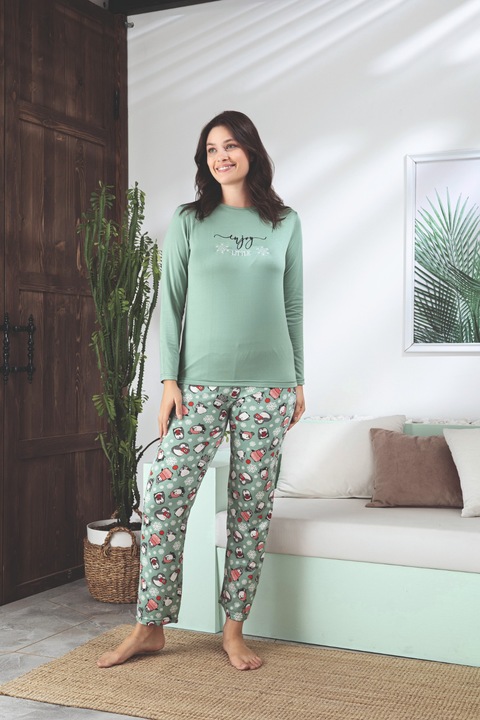 Pijama dama maneca lunga, pantaloni lungi, LITTLE verde M
