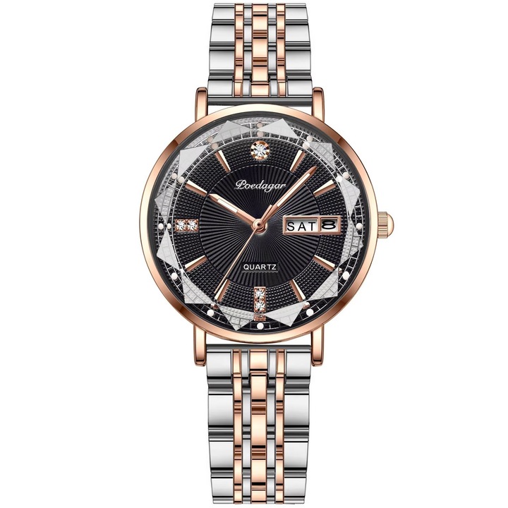 Ceas pentru femei Poedagar CR-35037, argintie/neagră, curea 20cm, cadran 3, 1x3, 1cm