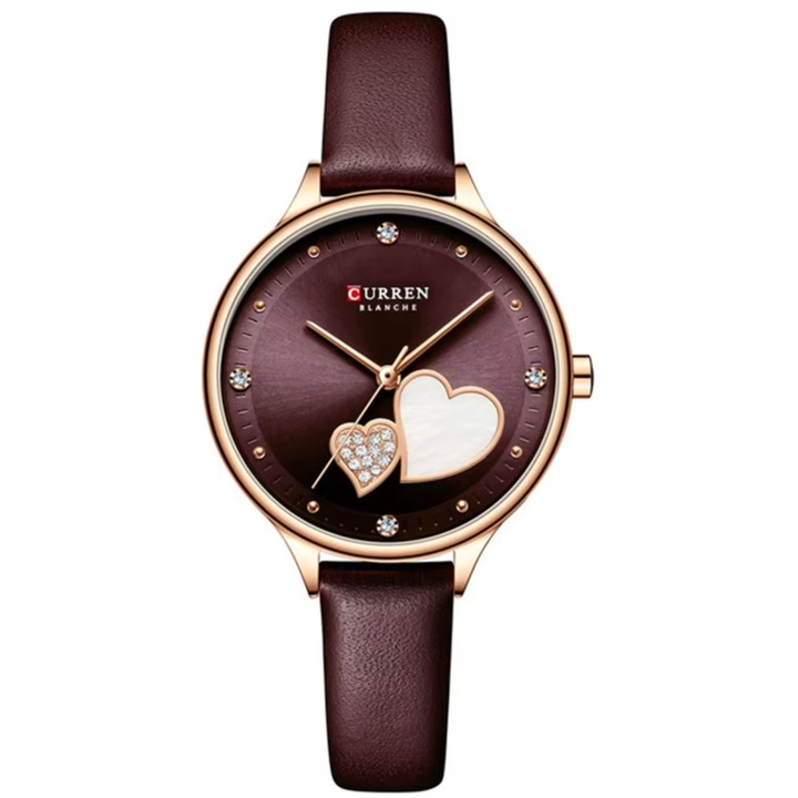 Ceas de dama Curren HE-35222, forma inimii, bordó, inox, brățară din piele ecologică