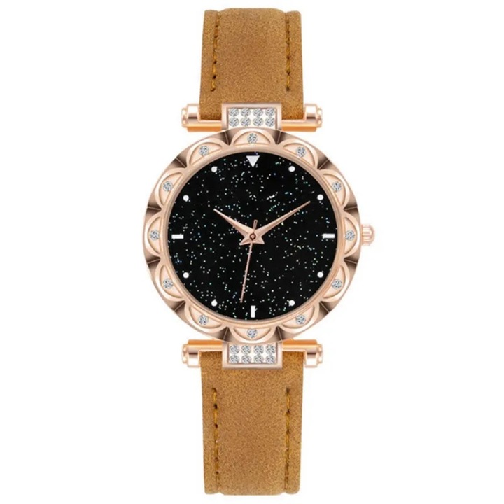 Ceas de femei IZMAEL EM-33585, maro închis, brățară din piele, rezistent la umiditate, dimensiune 21, 5cm x 3, 4cm