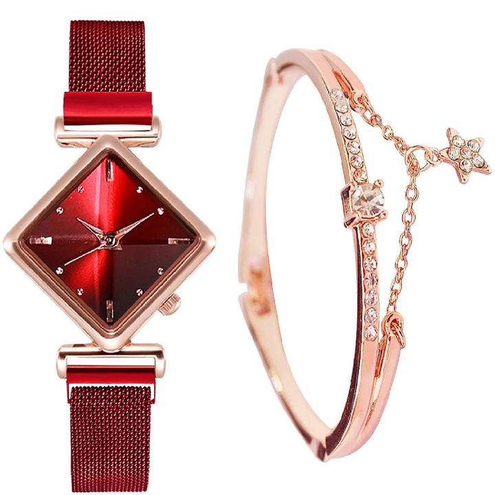 Ceas femei IZMAEL cu bratara, cadran patratos, curea metalica, rosu