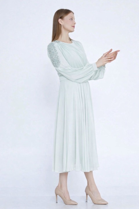 Миди рокля, мъниста, мента, Mint Green