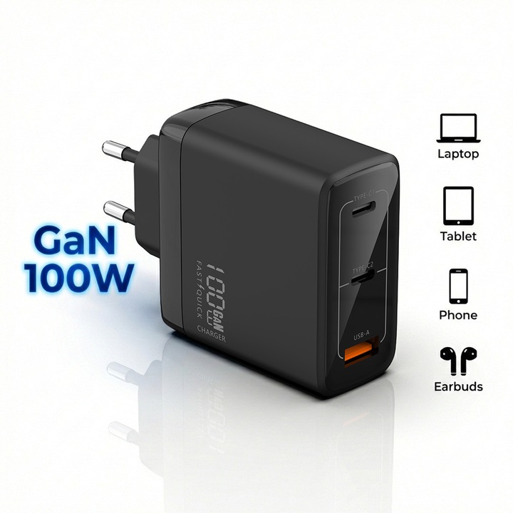 Incarcator Retea Rapid TrioMini 100W GaN, AHA PRINT®, 3 Porturi (2x USB-C si 1x USB-A), Super Fast Charge, PD 3.0, QC 3.0, Incarcare Simultana, Putere Mare pentru Laptop, Telefon, Tableta, iPhone, Huawei, Samsung, Xiaomi, Protectii Multiple, Negru