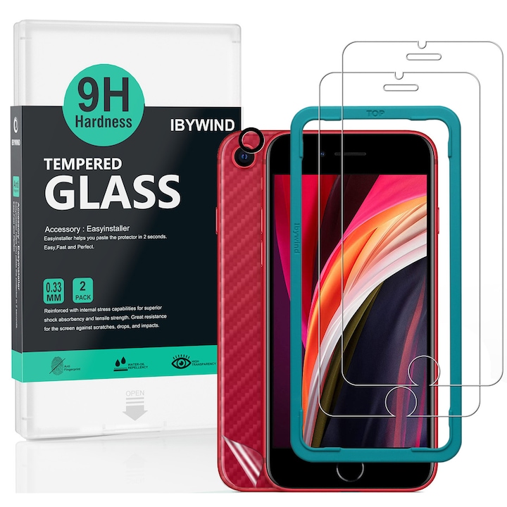 Folie Sticla Ibywind pentru iPhone SE 2022/SE 2020/7/8, Pachet 2, Sticla Securizata, protectie pentru obiectiv, Montaj Usor, Duritate Militara, Ultra HD, Anti Zgarieturi, Anti Socuri