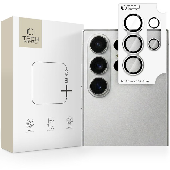 Kamera védelem Tech-Protect Camring Fit+, alumínium és edzett üveg, átlátszó, Samsung Galaxy S26 Ultra kompatibilis