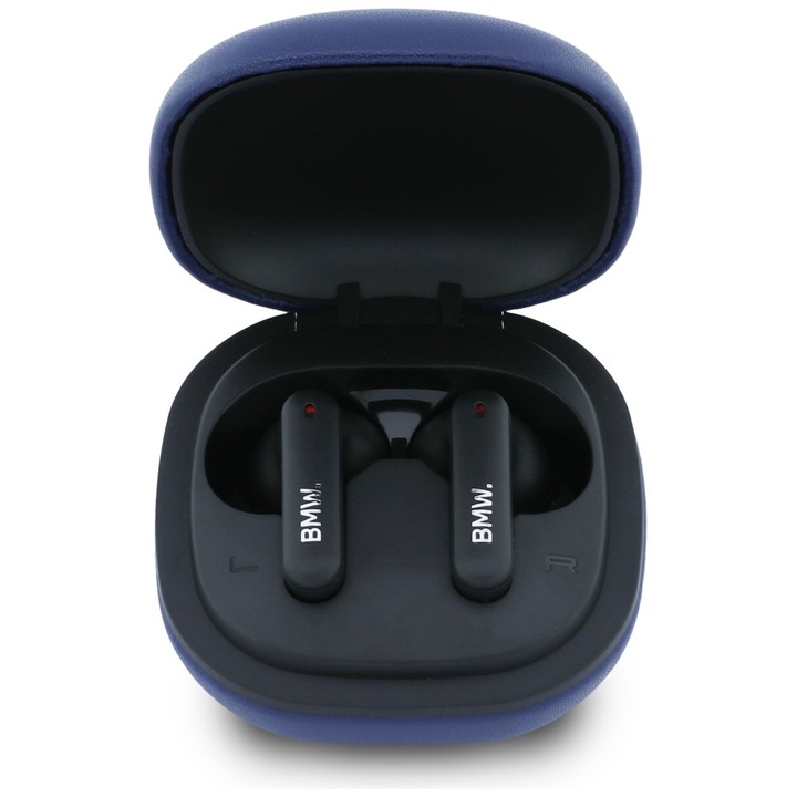 Casti wireless TWS BMW Leather Metal Logo, ENC, Bluetooth 5.4, 310 mAh, USB-C, Albastru
