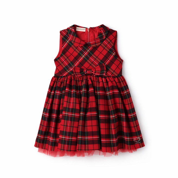 Sarabanda ruha lányoknak, piros kockás modell, elöl masnival és tüllel, ujjatlan