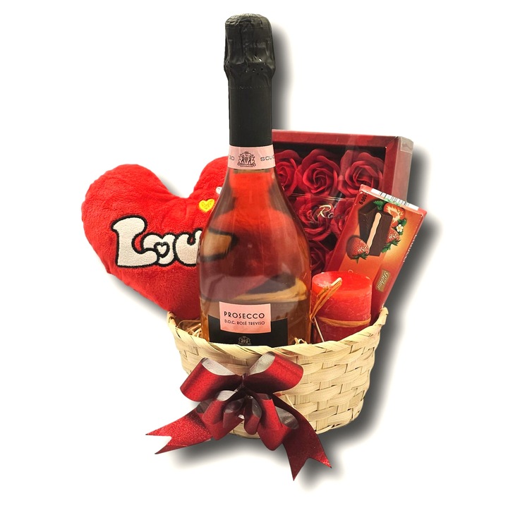 Cos Cadou Romantic pentru Ziua Indragostitilor, Martisor sau pentru Aniversari si Momente Speciale in Doi, CADOURI PREMIUM ®, model Velvet Love, cu prosecco rosé, ciocolata, trandafiri parfumati de sapun, lumanare decorativa si accente rosii