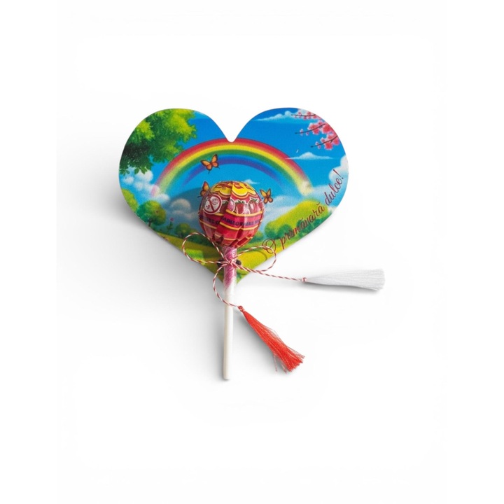 Martisor copii cu acadea, Eventissimi, Inima Sweet UV, 84x86x25 mm, MDF 3 mm printat UV, multicolor, mesaj O primavara dulce