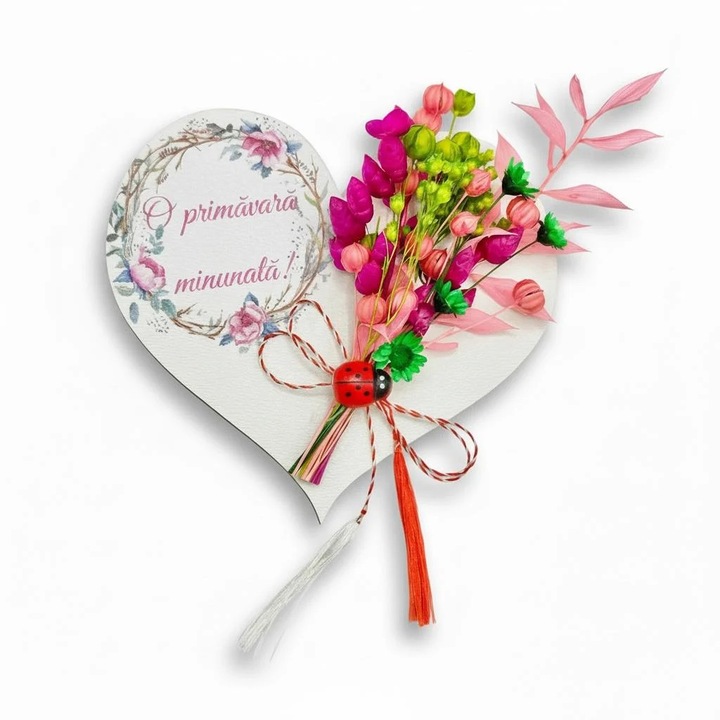 Martisor magnet inima, Eventissimi, Spring Heart UV 10 cm, MDF 3 mm printat UV, multicolor, flori naturale uscate, mesaj O primavara minunata