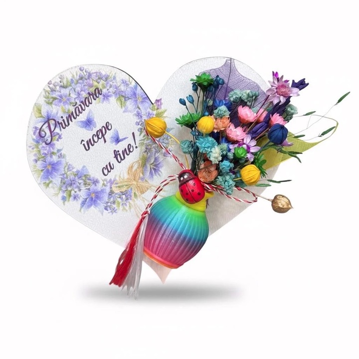 Martisor magnet inima cu mini vaza si aranjament, Eventissimi, Heart Vase UV 9 cm, MDF 3 mm printat UV lila, PLA 3D, flori naturale uscate multicolor, mesaj Primavara incepe cu tine