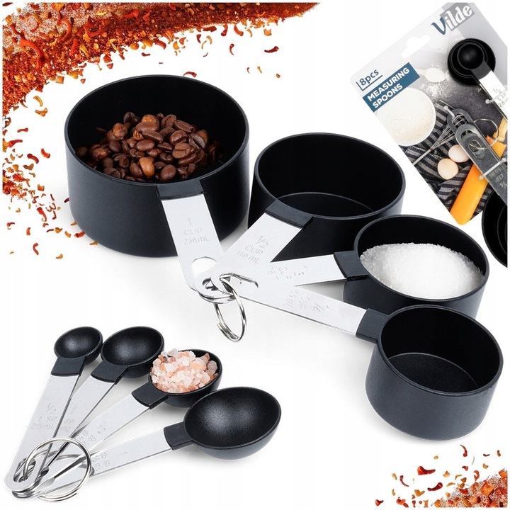 Set 8 Cupe Si Linguri De Masurat Pentru Bucatarie, Vilde, 2.5-236 ml, Negru, Din Plastic Si Inox, Gradatii Precise Pentru Ingrediente Lichide Si Solide, Inel De Prindere Pentru Depozitare Usoara, Compatibile Masina Spalat Vase
