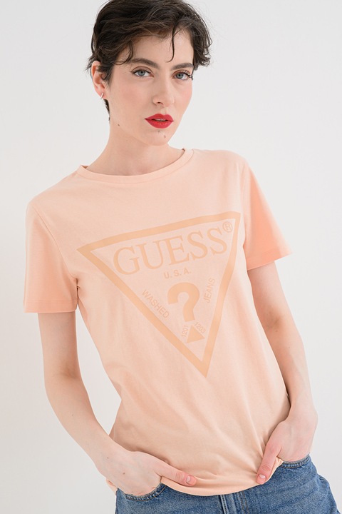 GUESS, Tricou de bumbac cu imprimeu logo, Piersica