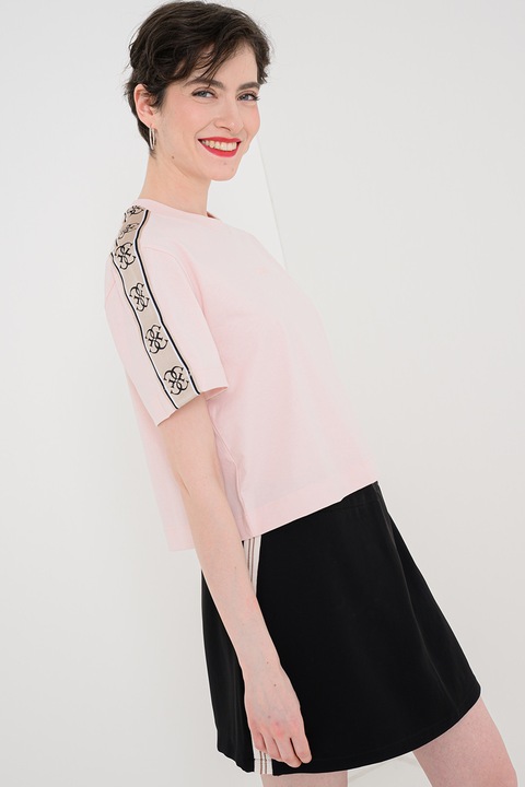 Guess, Tricou crop de bumbac cu segmente laterale cu logo, Bej/Roz