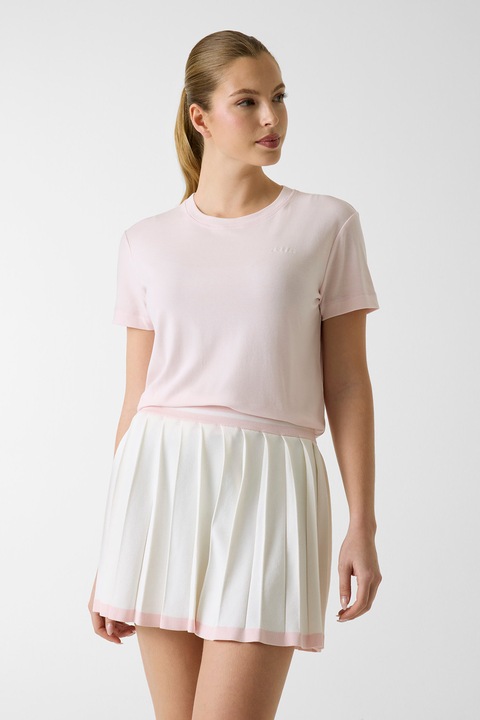 GUESS, Tricou din amestec de lyocell cu decolteu la baza gatului, Roz deschis/Roz pal