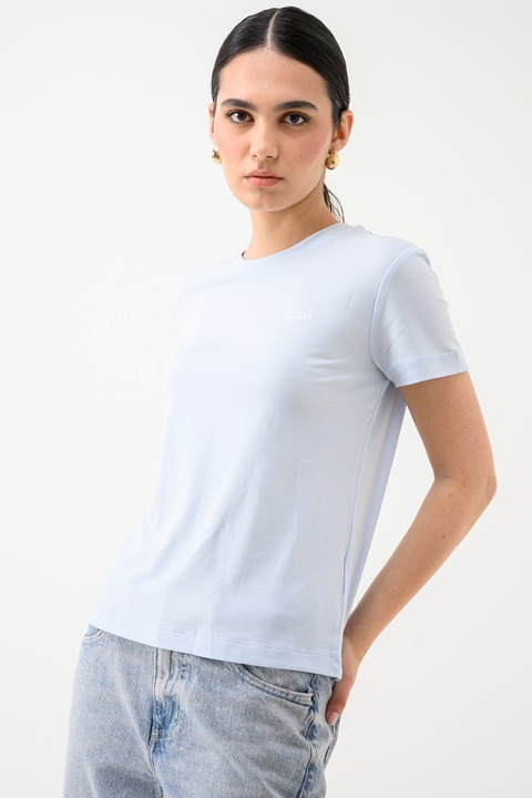 GUESS, Tricou din amestec de lyocell cu decolteu la baza gatului, Albastru lavanda
