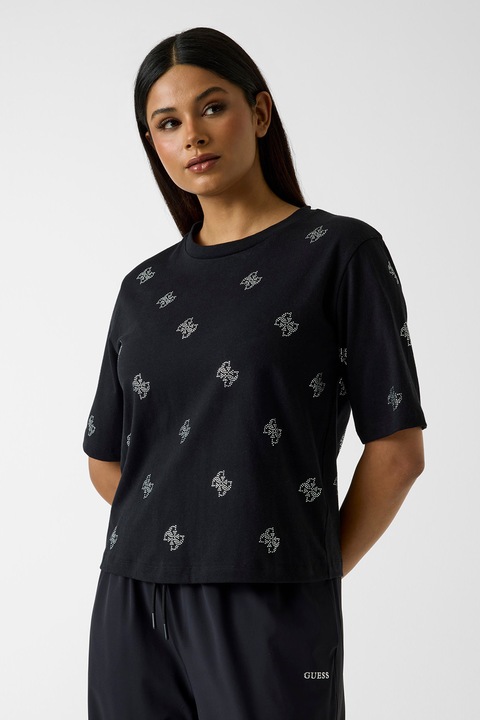 GUESS, Tricou cu logo din strasuri, pentru fitness, Negru