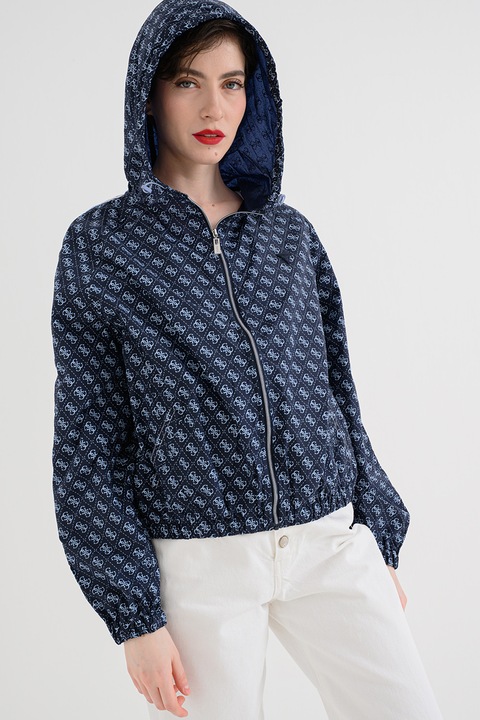 GUESS, Hanorac cu model monograma si fermoar, Bleumarin