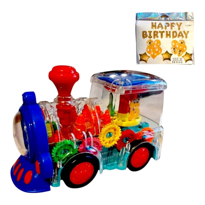 Играчка локомотив, прозрачен дизайн, Hooppie, 14X10X20 см, 3 год.+, многоцветен, светлинни и звукови ефекти, високоскоростен с Комплект балони за парти, 28 броя, 4 варианта
