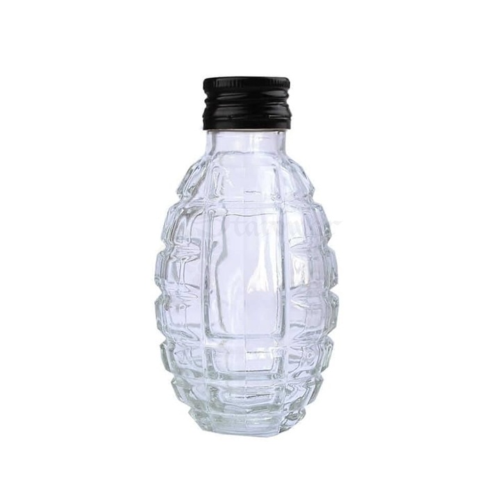 Sticla decorativa tip grenada 100 ml, sticla groasa transparenta, cu capac 28 mm – pentru lichior, sucuri si bauturi fine