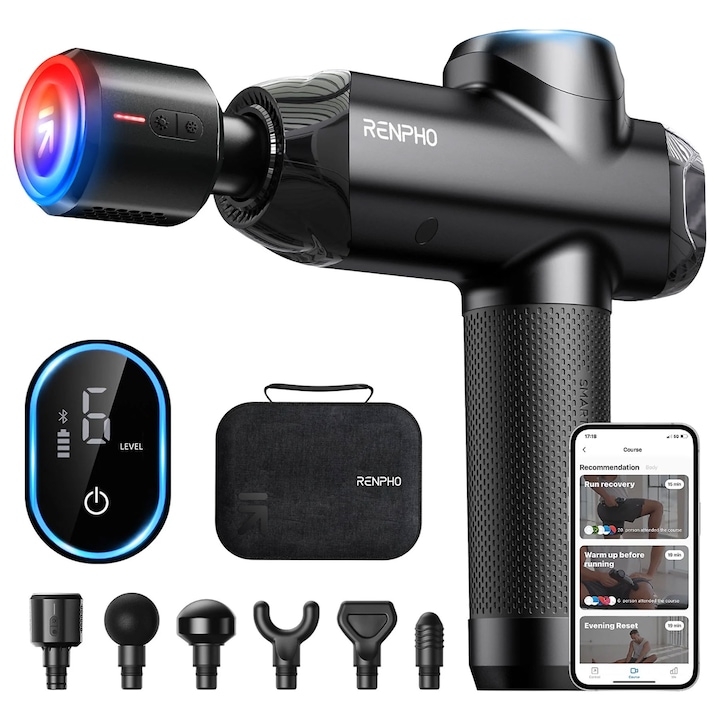 Масажен пистолет Renpho Thermacool Power+, загряване и охлаждане, 6 приставки, 5 скорости, управление от телефон чрез Bluetooth