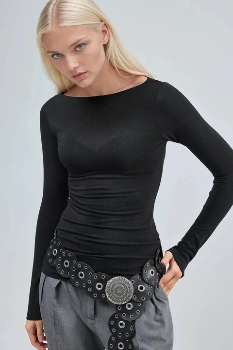 Bluza dama Busem, decolteu barca, maneci lungi, negru, jerseu