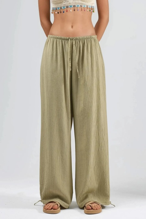 Pantaloni dama, Busem, cu talie elastica si detaliu cu snur, Verde Kaki, Textil