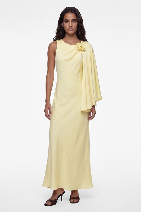 KOTON, Fusta maxi de satin cu aplicatie florala, Galben