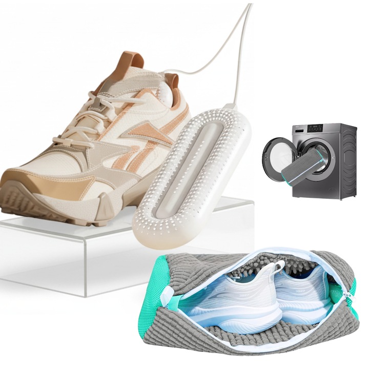 Set Uscator electric si Sac special pentru spalarea incaltamintei Das Schaf™, cu igienizare UV, tehnologie ceramica PTC, temperatura controlata 55–60°C, timer 4/8/12h, utilizare multifunctionala