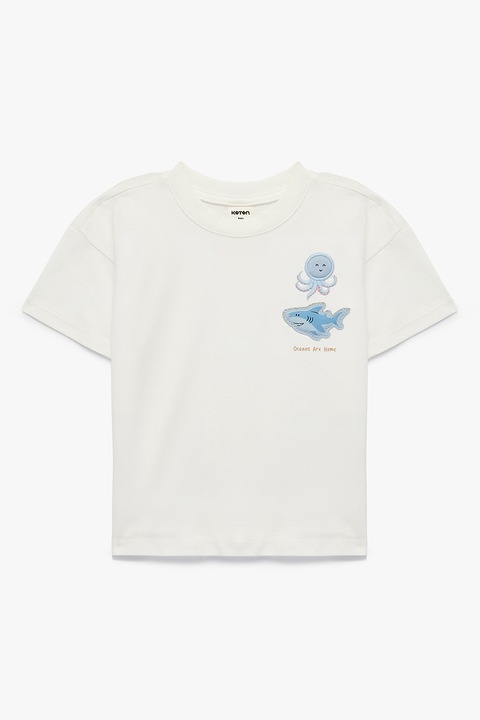 KOTON, Tricou de bumbac cu broderie rechin, Alb/Albastru