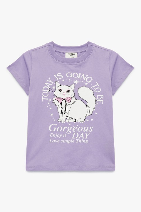 KOTON, Tricou cu pisicuta si text, Alb/Lila