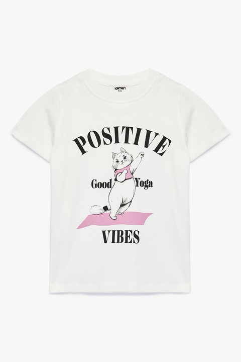 KOTON, Tricou cu pisica si text, Alb/Negru/Roz