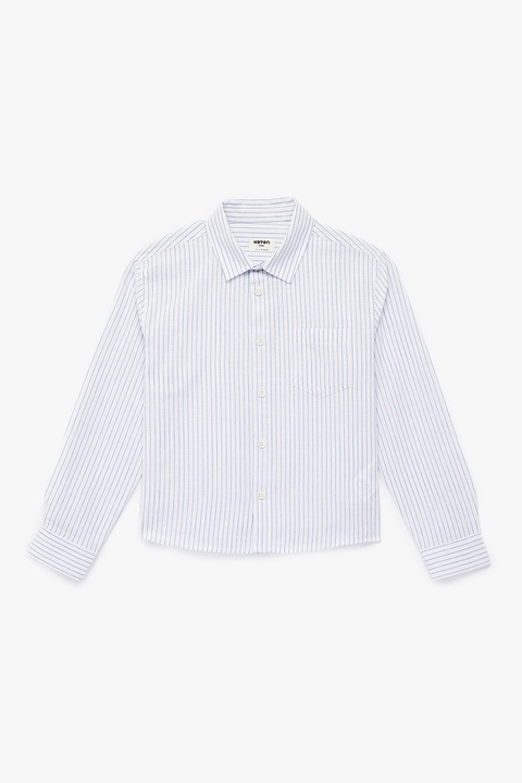 KOTON, Camasa cu dungi si buzunar pe piept, Alb/Albastru azur