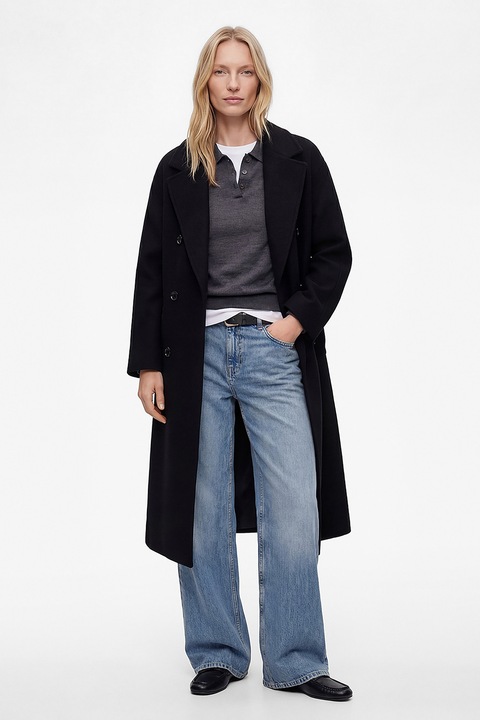 KOTON, Palton lung cu doua randuri de nasturi, Negru