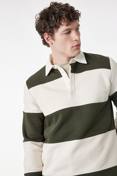 KOTON, Pulover polo lejer cu dungi, Alb fildes/Verde padure