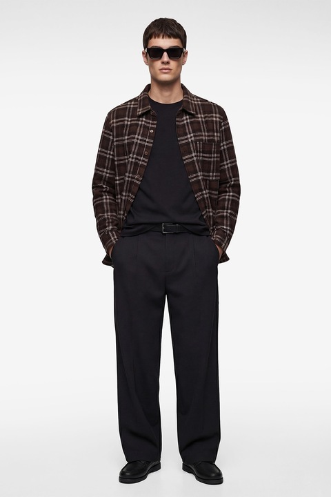 KOTON, Camasa in carouri cu buzunar pe piept, Alb/Maro inchis