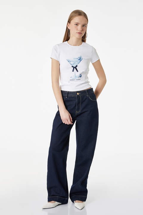 KOTON, Tricou din amestec de bumbac cu imprimeu, Alb/Albastru