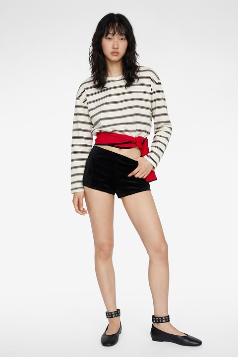 KOTON, Bluza cu decolteu la baza gatului si dungi, Maro inchis/Alb murdar